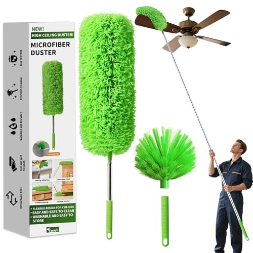 Cobweb Duster with Extension Pole,Washable Cleaning Duster Set with 2 Duster Heads,Corner Brush,15-110-Inch Telescoping Pole for high Ceiling Fans, Long Duster for High Ceilings,Spider Web Brush