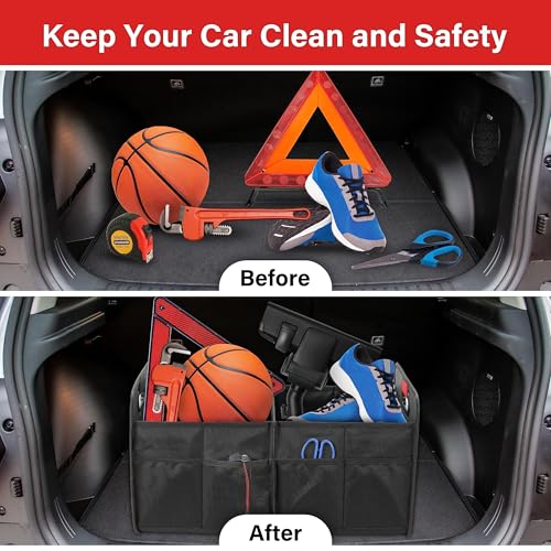Car Trunk Organizer, 2 Compartments Anti-slip 14" D x 22" W x 12" H Collapsible Trunk Storage, 600D Oxford Polyester Car Storage, Suitable for SUV, Minivan, Truck, Black - view 5