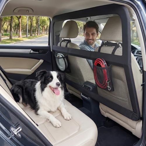 Heavy Duty Dog Car Barrier with Sturdy Metal Frame, Wider Coverage Pet Divider Net for Back Seat & Cargo Area, Universal Fit for Cars SUVs Trucks, Claw-Proof Transparent Mesh for Cool Airflow