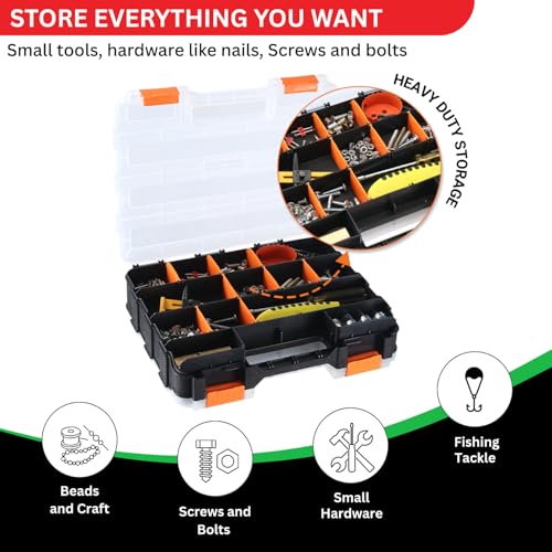Andalus Tools Organizer Box, Small Parts Storage 34-Compartment Double-Sided Portable Hardware Organizer Removable Plastic Dividers for Screws, Nuts, Bolts, Nails – Orange (1 Pack, 12.5" x 10.5" x 3") - view 7