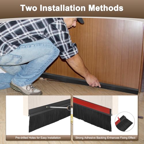 2Pack Door Sweep - 39" Door Bottom Brush Heavy Duty Seal Draft Stopper Aluminum Base with 30mm Brush, Adhesive/Screw Installation for Interior/Exterior/Garage/Sliding Doors, Black - view 4
