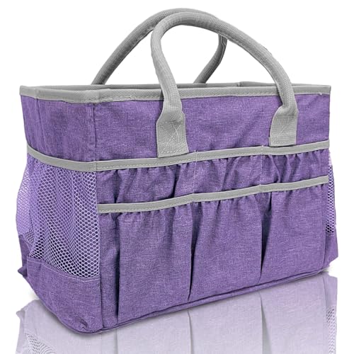 Craft Organizer Tote Bag – Craft Caddy with 2 Mesh Side Pockets & Front Elastic Pockets, Foldable Large Capacity Supply Storage Bag for Sewing, Knitting, Painting, and Travel (Purple)