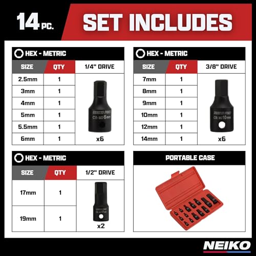 01141B Allen-Bit Socket Set, Metric Socket Set, 2.5 mm to 19 mm, 1/4-Inch, 3/8-Inch, and 1/2-Inch Drive, CrMo Steel, Impact-Grade, 14-Piece Set - view 6