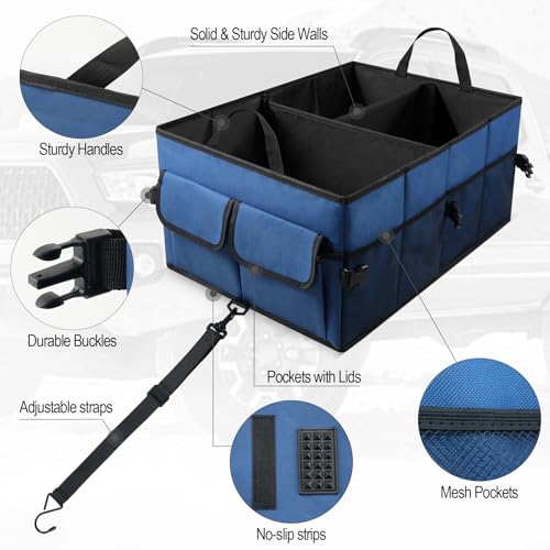Auto Collapsible Trunk Organizer, 3 Large Compartments and 6 Pockets Durable for Cargo Storage, Easy to Storage Tools With Adjustable Securing Straps and Non-Slip Bottom for Car (Dark Blue) - view 2