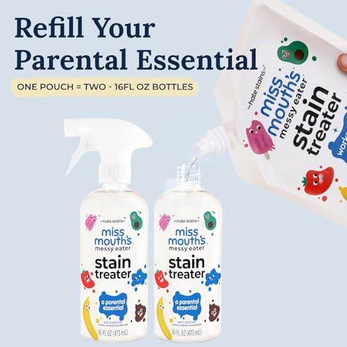 Messy Eater Stain Treater Bundle, 16oz Spray Bottle and 32oz XL Refill Pouch - Laundry Stain Remover for Clothes - Baby Feeding Essentials - Works on Carpet and Upholstery - 2 Pack Kit - view 3
