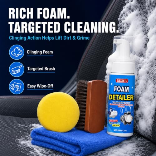 Car Interior Cleaner, Foam Cleaner for Car Seats Upholstery Carpet Leather Fabric Vinyl, No-Rinse Deep Stain Remover with Horsehair Brush & Microfiber Towel, Waterless Auto Detailing Kit, 5 oz / 150ml - view 2