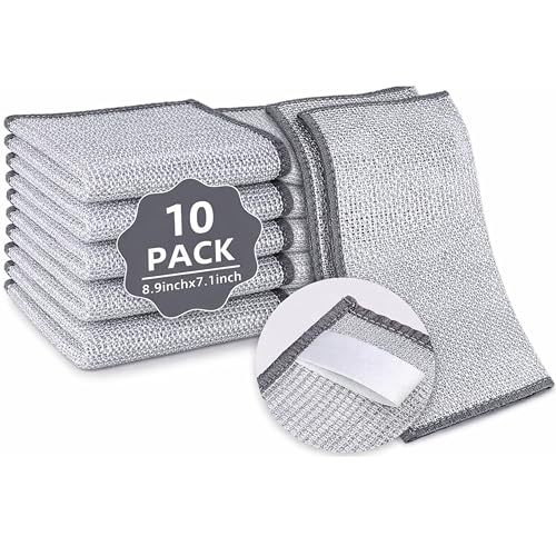 Silver Mesh Dish Cloths (3 Layer) – Non Scratch, Odor Free, Quick Dry Wire Cleaning Pads for Sinks, Dishes, Stove Top | Multipurpose Reusable Metal Scrubbers | 10 Pack
