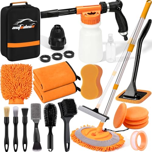 Car Wash Detailing Kit Cleaning Set with Foam Gun Sprayer, Long-Handle Brush, Large Wash Mitt, Towels, Complete Interior & Exterior Car Washing Supply Set (Orange)