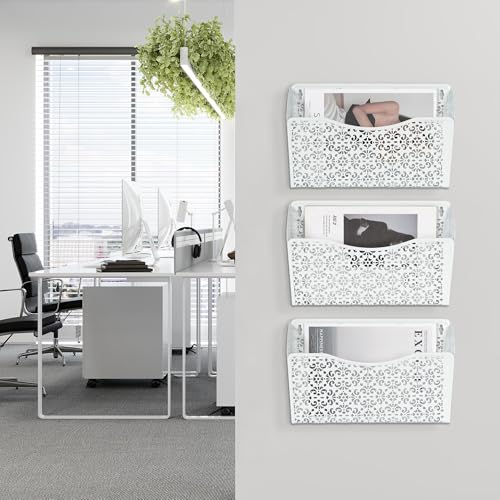 3 Pack Hollow Design Wall-Mounted File Organizer - Heavy Duty Metal, Vertical Space Saving, Letter Size Single Pocket Holder for Office, Home, School, White - view 7