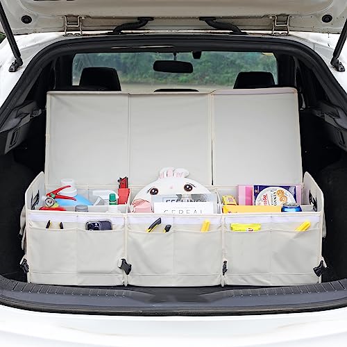 Car Trunk Organizer with Lid Storage Collapsible Multi Compartment Adjustable Straps for SUV, Truck, Sedan(Beige) XL - view 2