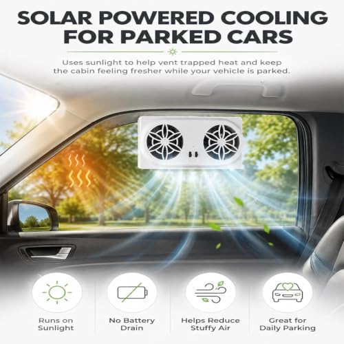 Solar Powered Car Window Fan, Dual Turbo Car Window Exhaust Fan with Ventilation System, Solar Car Ventilation Fan for Fast Heat & Odor Removal, Quiet Car Window Vent for SUV Truck RV (white) - view 2