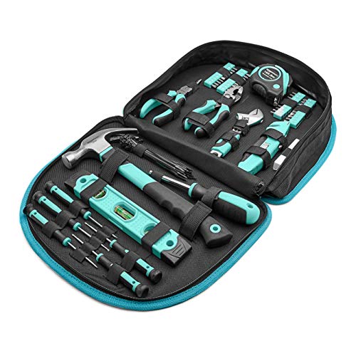 104-Piece Home Repair Household Tool Set with Easy Carrying Round Pouch, Portable Hand Tool Kit, Turquoise, 14.4 x 11.4 x 3 inches