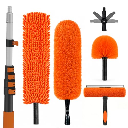 30FT Reach High Ceiling Duster Kit, Window Cleaning kit with 5-24FT Extension Pole, Fan Duster for Ceiling Fan Blades, Microfiber Feather Duster, Rotatable Window Squeegee and Cobweb Duster
