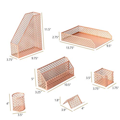 Rose Gold Desk Organizer Set | 6 Piece Metal Office Desk Organizer with Mail Sorter, Pen Cup, Sticky Note Holder, Magazine File, Card Holder, Paper Tray | Desk Organizers and Accessories - view 6