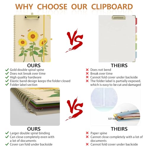 Clipboard Folder with Notepad Refillable Lined for Letter Size (11" x 8.5"), 5 Dividers with Storage 10 Pockets, Cute Spiral Foldable Clipboard with Metal Clip School Office Supplies (Sunflowers) - view 3