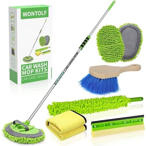 62'' Car Wash Brush with Long Handle Chenille Microfiber Car Wash Mop Mitt Kit Car Detailing Brush Cleaning Kit Window Squeegee Car Duster Drying Towels Tire Brush for Cars RV Truck Boat