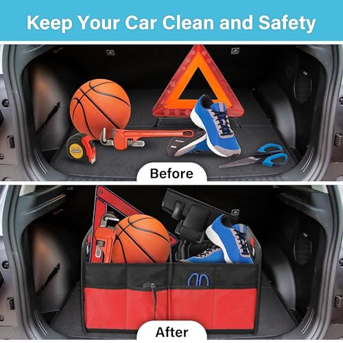 Car Trunk Organizer, 2 Compartments Collapsible Trunk Storage, Anti-slip Design, Made of Waterproof 600D Oxford Polyester, Suitable for SUV, Minivan, Standard Size, Red, 2 Pack - view 5