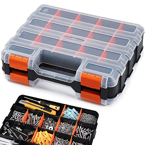 Double Side Tool Organizer, Hardware Storage Box, 34-Compartments Small Parts Organizer with Removable Dividers for Screws, Nuts, Nails, Bolts
