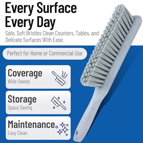 8 Inch Soft Counter Brush with Polyester Bristles and 5 Inch Handle, Color Coded Handheld Broom for Tables Countertops and Foodservice Surfaces, Gray - view 3