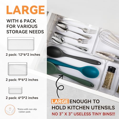 6 Pack Large Clear Plastic Drawer Organizer Trays, Acrylic Kitchen Drawer Organization and Storage Dividers, Non-Slip Storage Bins for Makeup, Kitchen Utensils, Bathroom, Jewelries and Office Desk - view 2