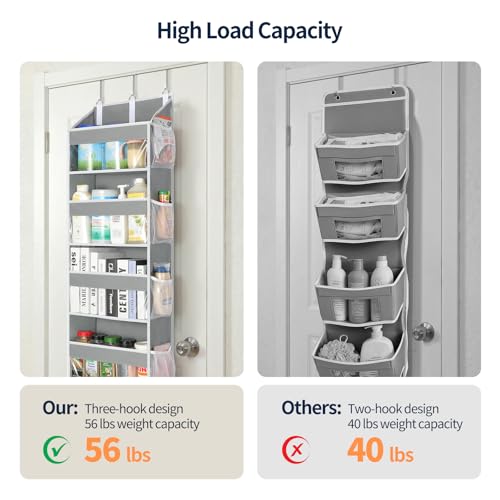 Over the Door Organizer 5 Tiers, Heavy Duty Hanging Storage with 5 Large Clear PVC Pockets and 10 Side Pockets, 56lbs Capacity for Closet Door Bathroom Bedroom Nursery Dorm Laundry Room, Grey - view 4