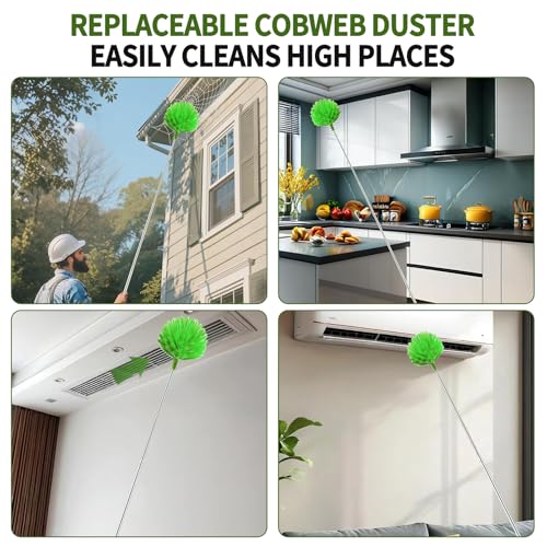 Cobweb Duster with Extension Pole,Washable Cleaning Duster Set with 2 Duster Heads,Corner Brush,15-110-Inch Telescoping Pole for high Ceiling Fans, Long Duster for High Ceilings,Spider Web Brush - view 3