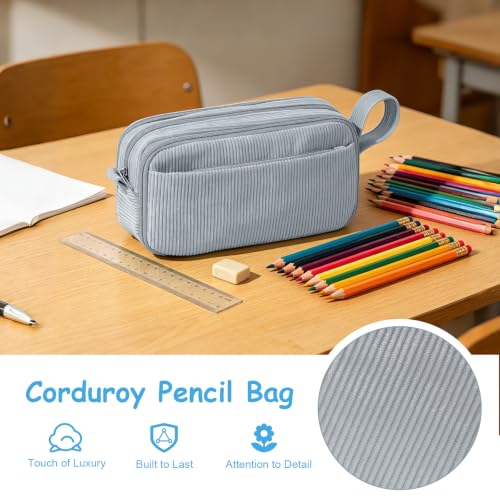 Grey Corduroy Pencil Case, Large Capacity Zipper Pouch, Gray, Casual Style, Supplies Organizer for Teen Girls and Boys - view 5
