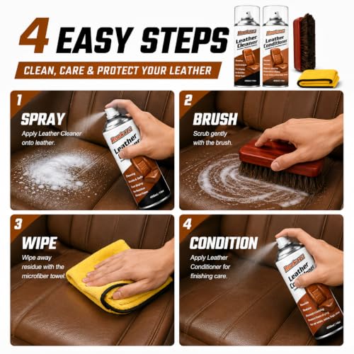 Leather Cleaner and Conditioner Kit,2 x 14 oz Car Leather Care Set with Horsehair Cleaning Brush, Deep Cleans, Conditions and Restores Car Interiors, Furniture, Shoes, Boots, Bags & Apparel - view 5