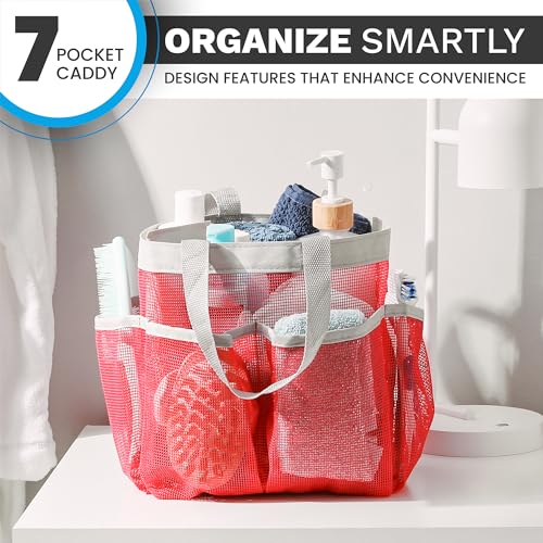 Mesh Shower Caddy – 7 Pocket Portable Organizer Tote for Dorm, Gym, Travel & Bathroom – Quick Dry Collapsible Bag for College Essentials, Toiletries & Cleaning Supplies (Pink) - view 5
