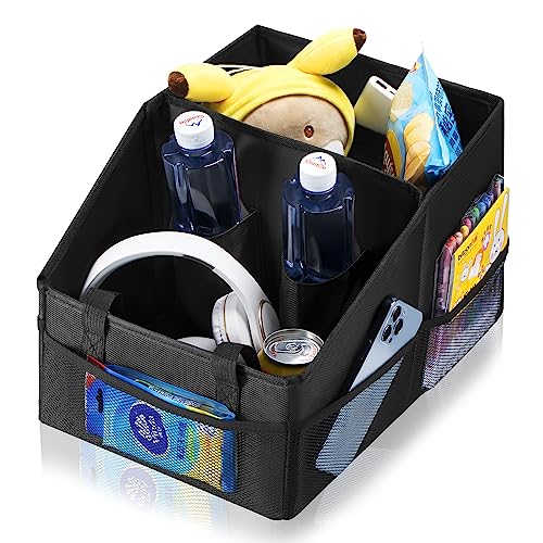 Front-Back Seat Car Organizer Box - Portable Passenger Seat Organizer, Odorless Fabric Car Seat Organizer, Universal Foldable Auto Seat Storage Caddy for Kids & Adults Road Trip Essentials (Black)