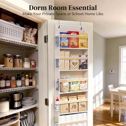5 Tiers Natural Bamboo Over Door Organizer with 10 Mesh Side Pockets, 50 lbs Weight Capacity Hanging Storage Organizer with Clear Window Kids Toys, Shoes, Diapers, Warm Beige - view 4
