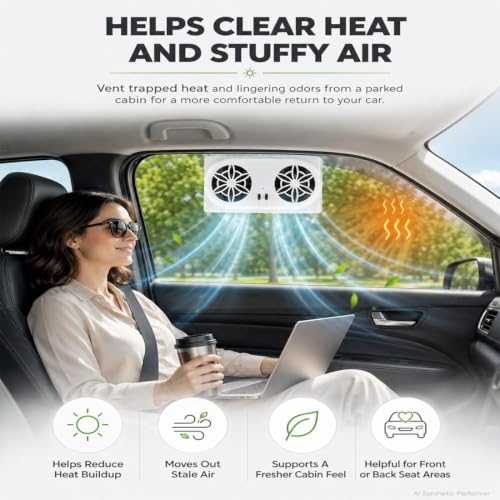 Solar Powered Car Window Fan, Dual Turbo Car Window Exhaust Fan with Ventilation System, Solar Car Ventilation Fan for Fast Heat & Odor Removal, Quiet Car Window Vent for SUV Truck RV (white) - view 4
