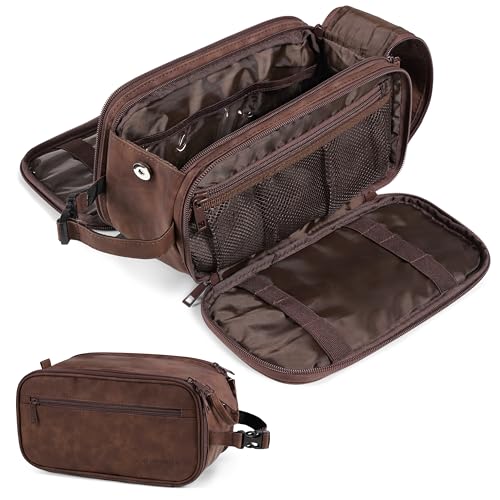 Toiletry Bag for Men, Hanging Travel Dopp Kit Organizer, PU Leather Water Resistant Bathroom Bag for Shaving Grooming, Large Capacity Cosmetic Bag Travel Essentials, Dark Brown
