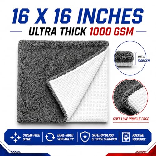 Hybrid Glass Microfiber Towel – Waffle Weave & Plush Dual Action Cleaning Cloth – Streak-Free Window and Surface Drying Towel – Professional Grade -16x16-1000 GSM 2-Pack - view 4