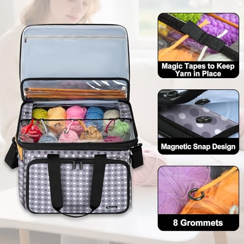 Crochet Bag Knitting Bag Yarn Storage Tote, Yarn Organizer, Gray Dot - view 2