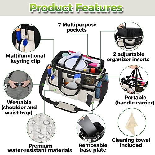 Cleaning Caddy Organizer with Handle - Large Caddy Bag for House & Bathroom Cleaning Supplies, 15 x 8 x 10.5 inches Cleaning Supply Caddy, Housekeeping Tote with Adjustable Strap - Beige - view 3