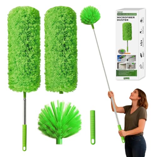 Cobweb Duster with Extension Pole, Washable Cleaning Duster Kit with 3 Duster Heads, Cobweb Duster, Corner Brush, Aluminum Telescoping Pole for high Ceiling Fan，Spider Web Brush with Extension Pole