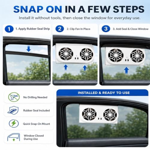 Solar Powered Car Window Fan, Dual Turbo Car Window Exhaust Fan with Ventilation System, Solar Car Ventilation Fan for Fast Heat & Odor Removal, Quiet Car Window Vent for SUV Truck RV (white) - view 6