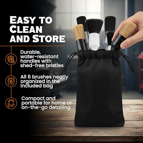 Premium Car Detailing Brush Set - Complete 6 Pack Kit - 2 Boar's Hair, 2 Ultra Soft, 2 Synthetic Bristles - Car Detail Brush for All Surfaces, Leather Seats, Air Vents, Wheels & Emblems, and More - view 6