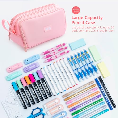 Large Pencil Case 3 Compartment Pouch Pen Bag Pink - view 2