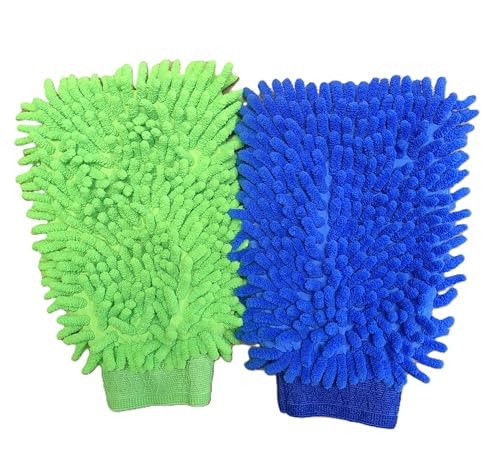 House Cleaning and Car Wash Mitts, Home Dusting Microfiber Gloves, Washing Clean Polish Faster (2-Pack, Green/Blue)
