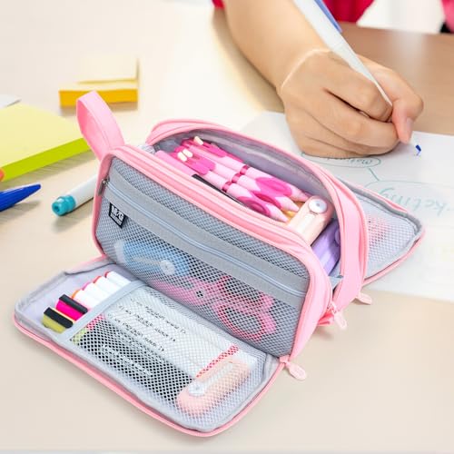 Large Pencil Case 3 Compartment Pouch Pen Bag Pink - view 6