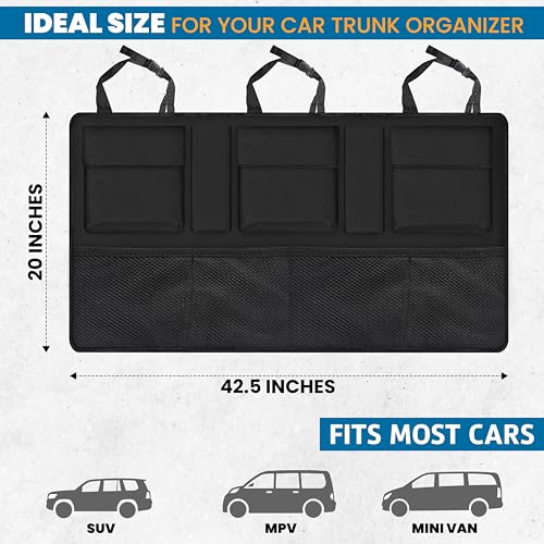Backseat Trunk Organizer | 42 x20 Inches Car Storage with 9 Spacious Pockets | Waterproof, Heavy-Duty Hanging Organizer for SUVs, Trucks & Hatchbacks | Space-Saving, Foldable & Easy to Install - view 2