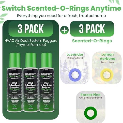 HVAC Air Deodorizer & Mold Treatment Fogger 3-Pack with 3 Scented O-Ring Pads | Air Duct Freshener for HVAC & AC Vents | Plant-Based Thymol Fogger for Home, Car & Commercial Spaces - view 5