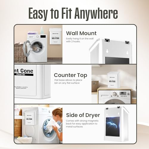 Magnetic Lint Bin for Laundry Room with Dryer Lint Brush - Slim Wall Mounted Trash Can with Lid - Modern Farmhouse Storage Organizer & Debris Collector - Space-Saving White Metal Holder - view 3