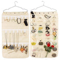 Hanging Jewelry Organizer Double Sided 40 Pockets & 20 Magic Tape Hook Storage Bag Closet Storage for Earrings Necklace Bracelet Ring Display Pouch (Beige)