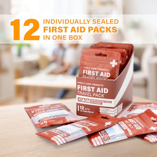 Travel Bandage Pack | 12 Individual Packets, Bulk Portable Mini First Aid Kit with 20 On-the-Go Essentials | Compact Water-Resistant Reusable Pouch to Clean, Cover & Protect - view 2