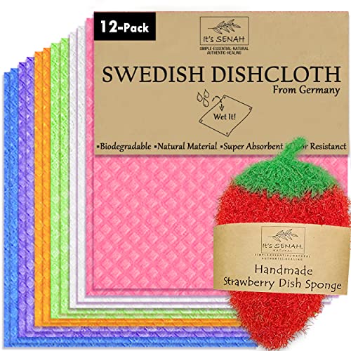 [12Pack+1Loofah Dish Sponge] 100% Natural Biodegradable Swedish Dishcloths for Kitchen | No-Discoloration, No-Odor, Super Absorbent Dish Sponge | Paper Towel, Dust Wipes Replacement