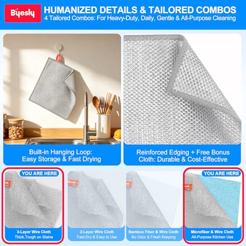 Non Scratch Wire Dishcloth, Metallic Fiber Cleaning Cloths - 12+1 Pcs Mixed Set 3-Layer & Microfiber Wire, for Dishes, Sinks & Pans (7.87x7.87 Inches) - view 3