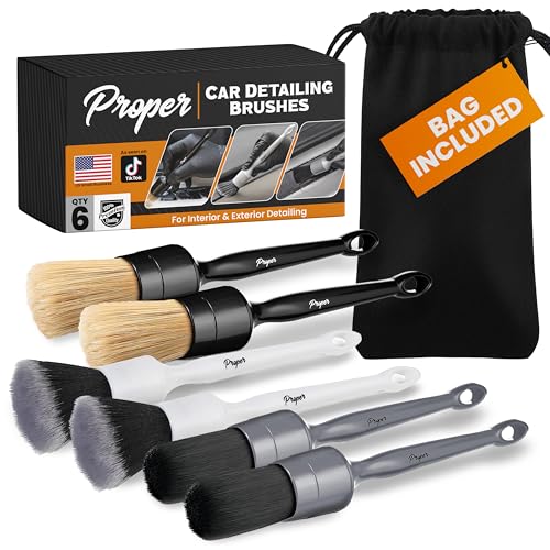Premium Car Detailing Brush Set - Complete 6 Pack Kit - 2 Boar's Hair, 2 Ultra Soft, 2 Synthetic Bristles - Car Detail Brush for All Surfaces, Leather Seats, Air Vents, Wheels & Emblems, and More